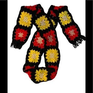 Handmade crocheted knit grannysquare scarf in red yellow and black.